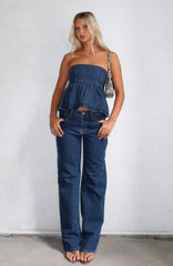 Zara Mid Rise Straight Leg Jeans Dark Blue